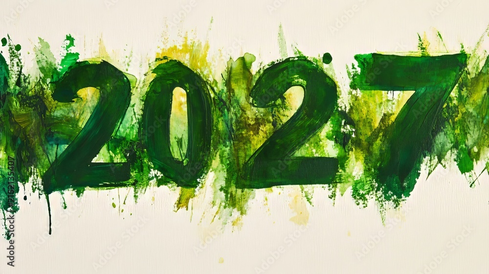 Obraz premium Abstract Painted Numbers 2027 Created with Green Splattered Wet Ink Isolaton on White Background