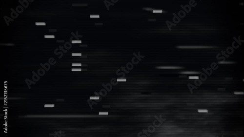 Beginning with faint banding, white pixels appearing, streaking across dark screen, mimicking tape