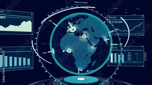 System booting, holographic globe rotating in HUD above platform, panels updating metrics
