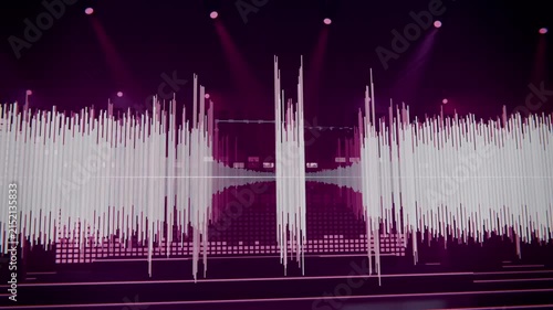 Scrolling white waveform reacting to audio, forming spikes and pulsing LED bars on magenta stage