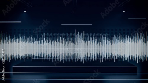 Expanding audio waveform responding to incoming sound, rising above platform with spotlights