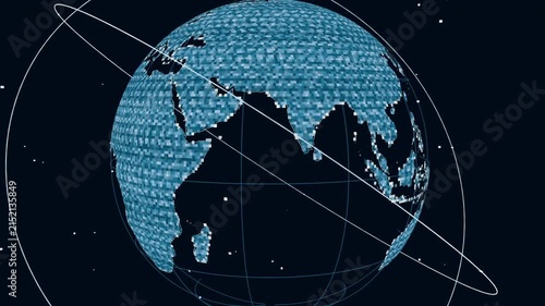 Starting animation, digital globe rotating in space, camera panning while HUD showing route km