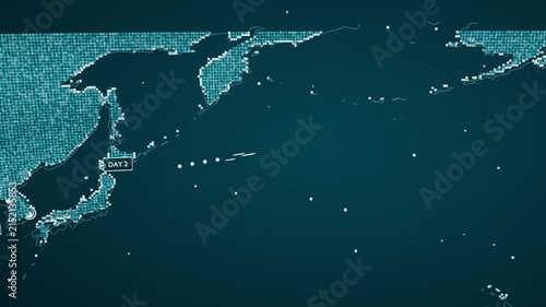 Starting with route at Shanghai, animating map tracking dots to Los Angeles, showing info panel