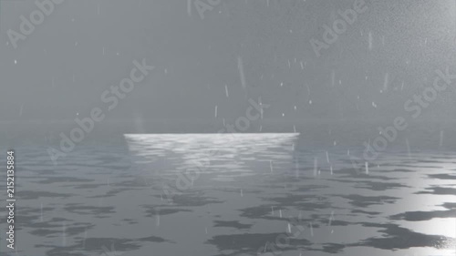 Floating bright flat rectangle reflecting light with rain intensifying at sea, forming ripples