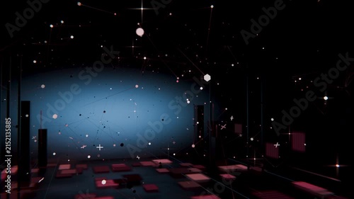 Shifting particles and pulsing magenta tiles reacting to viewpoint moving forward on dark 3D stage