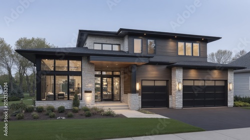 Modern two story residential home with large windows and a manicured lawn