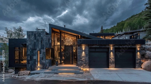 Modern luxury home exterior with dramatic lighting and cloudy sky