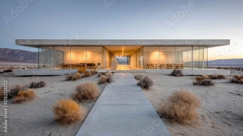Modern architectural design glass house in desert landscape open space