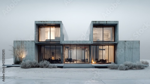 Modern geometric house design with large windows and warm interior lighting