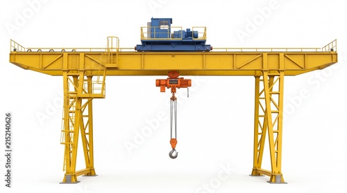 Industrial yellow overhead gantry crane featuring blue operator cabin and metal chain on white background