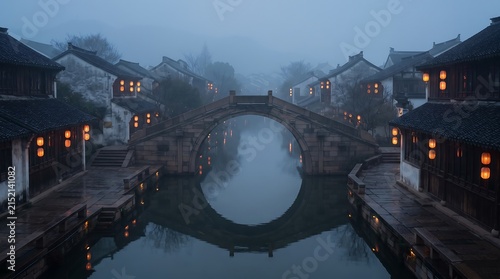 Misty morning in ancient chinese water town with stone bridge and soft light over tranquil river canal, architecture