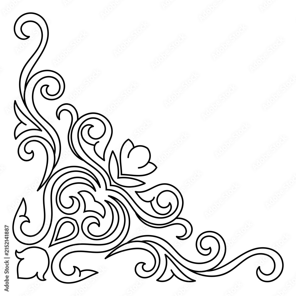 Fototapeta premium Damask decorative ornament, vintage corner accent, black line art.
