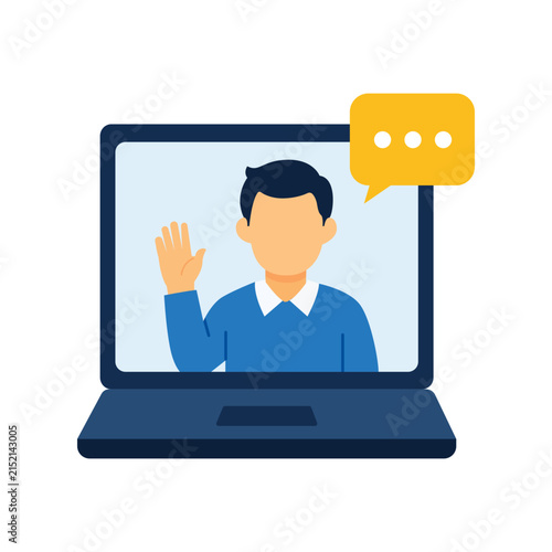 Online education and video conference illustration showing a teacher on a laptop screen with a speech bubble, representing remote learning and digital communication.