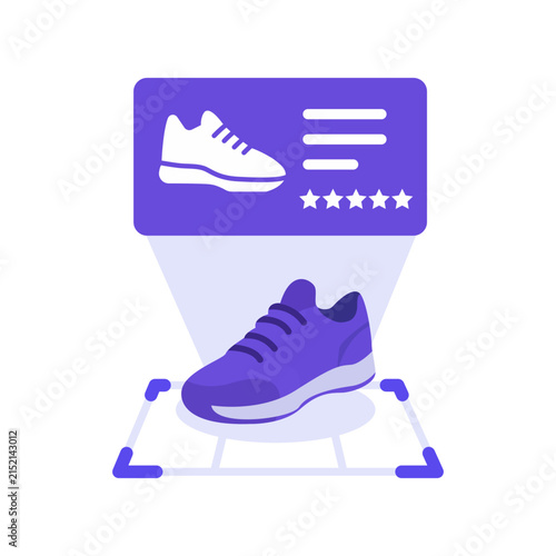 Modern e-commerce illustration featuring a running shoe, product rating, shopping interface and online purchase concept in a clean flat vector design.