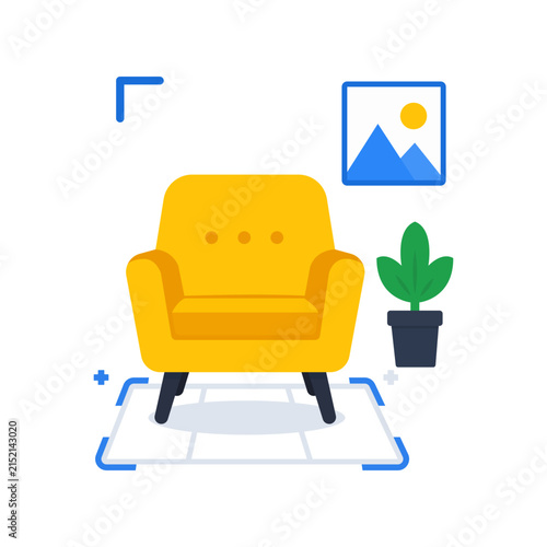 Modern interior design illustration featuring a yellow sofa, houseplant and room layout elements, ideal for home decor, furniture and interior design concepts.