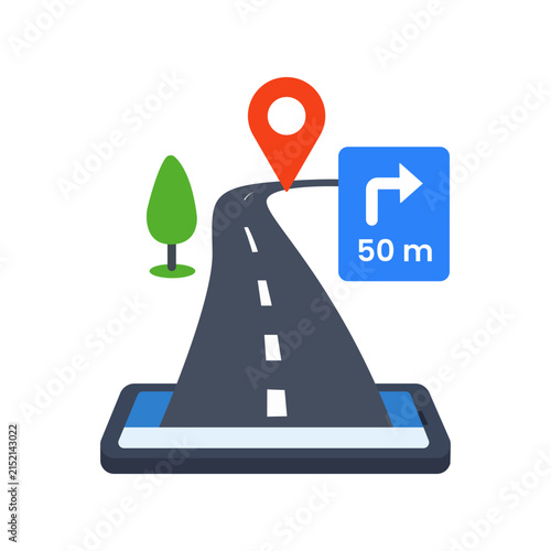 GPS navigation and route planning illustration showing a road, location pin, directional sign and distance marker in a clean modern flat vector style.