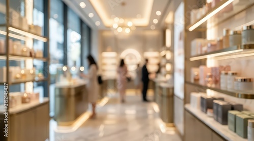 wide angle blurred view of luxury skincare boutique, gold shelving units, marble floor, elegant chandelier, high-end retail atmosphere.