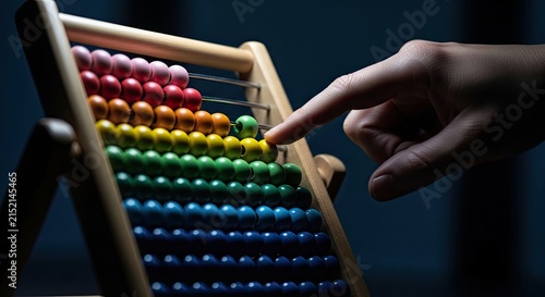 Close up of hand using colorful wooden abacus for counting 