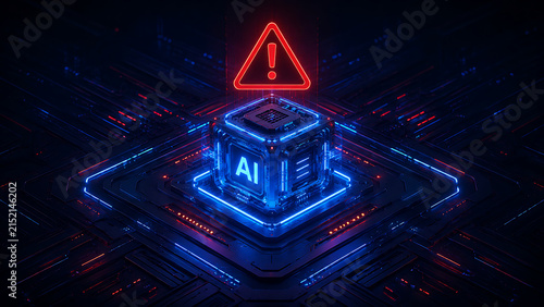 Naklejka Futuristic AI Core with Warning Symbol and Glowing Blue Neon Circuitry, Representing Digital Danger