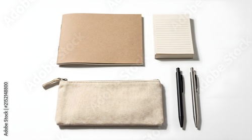 Minimalist stationery mockup featuring craft notebook, notepad, fabric pencil case, and two pens isolated on white background