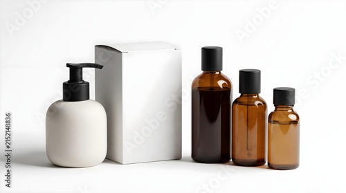Skincare and cosmetic packaging mockup set with white pump bottle, paper box, and three amber glass bottles isolated on white background