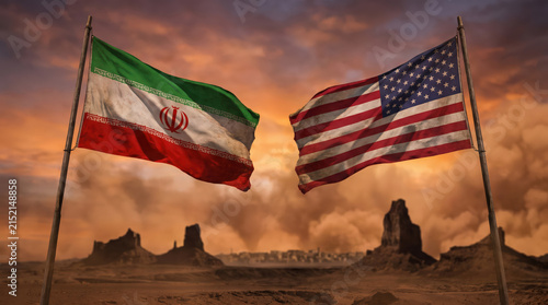 Iran flag facing United States flag across desert landscape under dramatic sunset sky symbolizing geopolitical tension diplomacy conflict negotiation international relations rivalry crisis