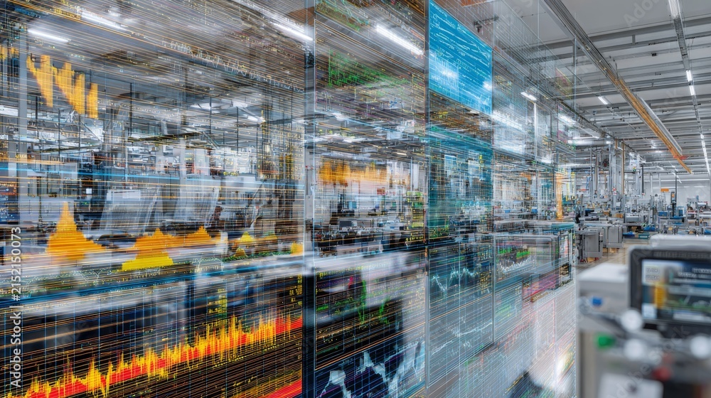 Fototapeta premium Composite image factory interior blurred, overlaid with data visualizations of graphs and charts, depicting manufacturing efficiency