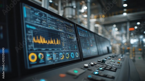 Control panel displaying complex data on multiple screens in a dimly lit industrial setting. Buttons and knobs are visible