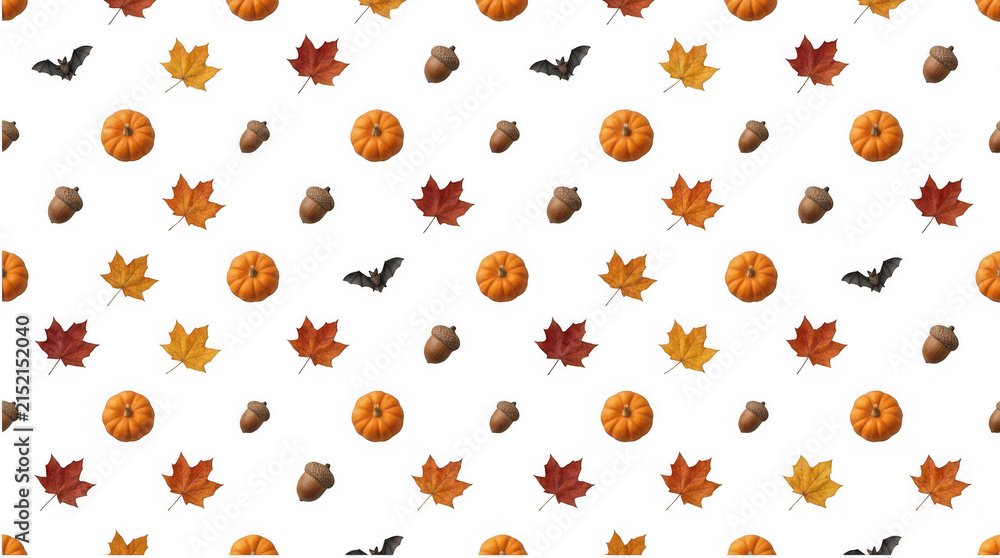 Seamless pattern featuring pumpkins leaves bats and acorns for a festive halloween png digital design project on black background