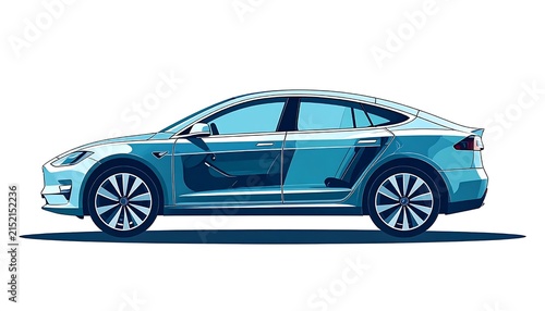 Modern turquoise electric sedan car on white background.