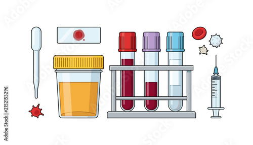 Medical Lab Test Vector Set with Blood Sample Tubes in Rack Urine Specimen Container Syringe Dropper and Microscope Slide for Healthcare Infographics
