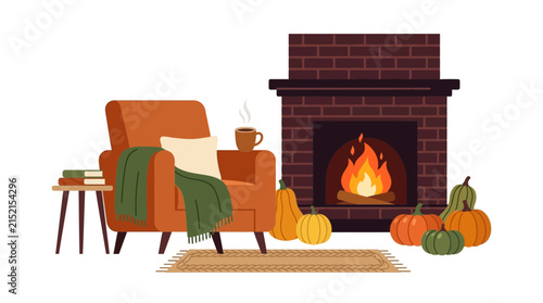 Cozy Autumn Living Room Interior with Fireplace and Pumpkins