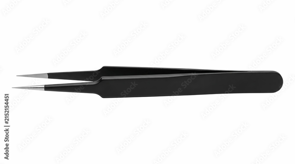 Fototapeta premium Professional metal tweezers with sleek black coating isolated on white background for precise surgical medical or cosmetic beauty grooming tasks