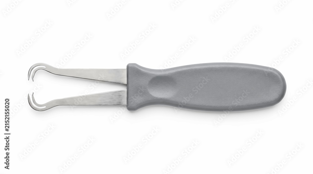 Fototapeta premium Stainless steel hook remover tool featuring a grey ergonomic plastic handle isolated on a plain white studio background for fishermen