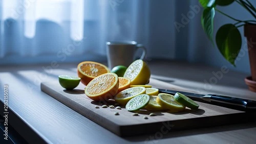 Fresh citrus fruits are sliced on a wooden cutting board