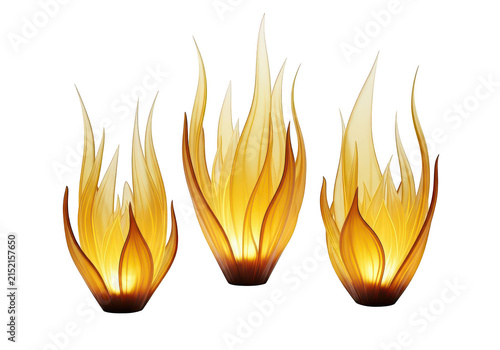 Three burning yellow fire flames isolated isolated on transparent background