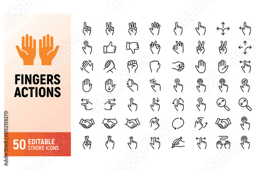 Fingers actions vector line icons set with editable stroke hand gestures and touch screen symbols