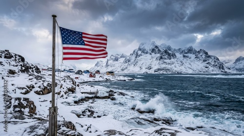 American Flag Flies Over Snowy Coastal Village and Mountains