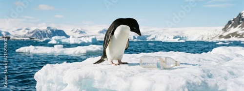 Adelie Penguin and Plastic Bottle on Iceberg in Antarctica