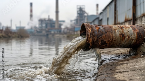 Industrial pipe discharging polluted water into a river