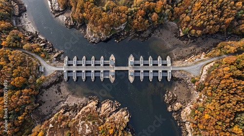 Aerial View of a Tidal Barrage in Autumn Landscape