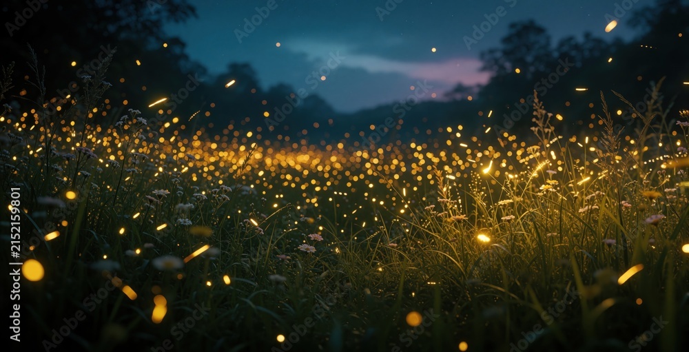 Naklejka premium Fireflies glow in meadow at dusk. Tiny lights float over grass and wildflowers. Enchanted nature scene with magical ambiance under dim twilight sky.