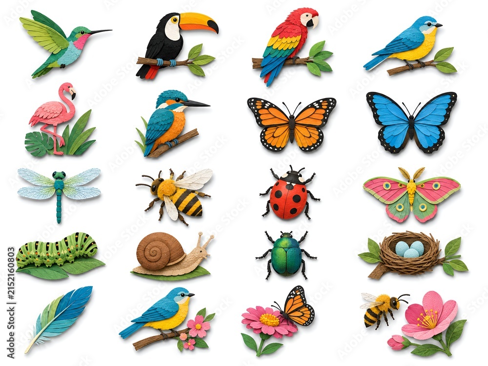 Obraz premium Tropical Spring Birds and Insects Papercut Icon Set with Butterflies and Pollinators