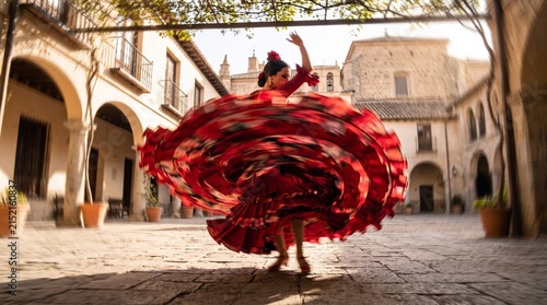 Flamenco Dancer Swirling in Red Dress in Spanish Courtyard