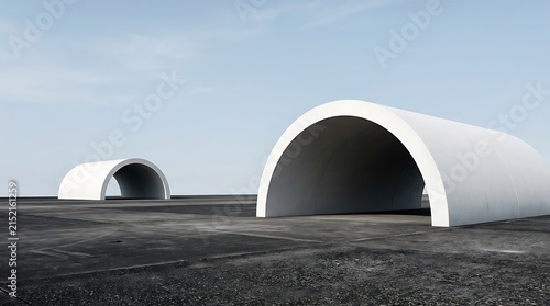 Two large white arched structures stand in a field under a clear blue sky