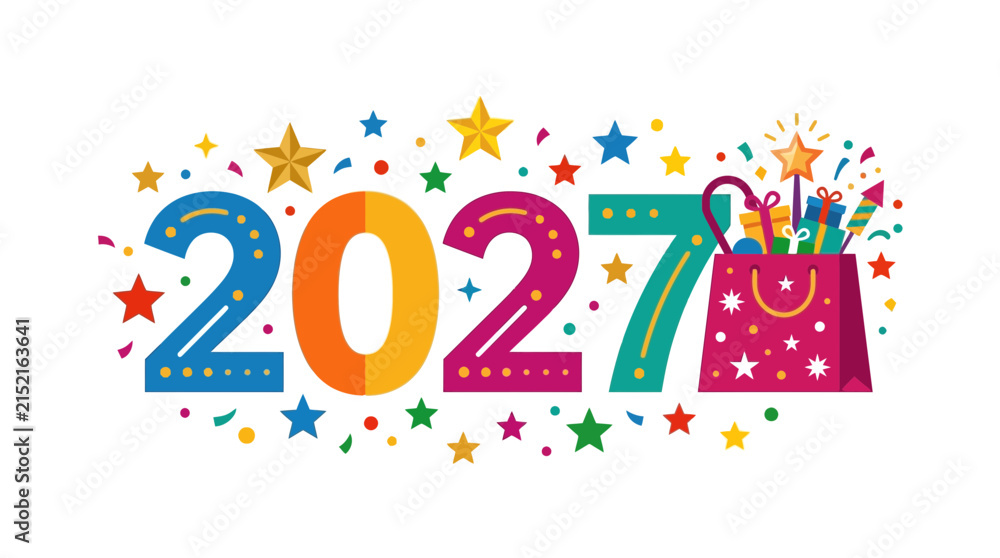 Fototapeta premium Colorful year 2027 numeral illustration with gift box and confetti
