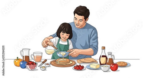 Asian Father and Daughter Cooking Pancakes Together in the Kitchen Illustration