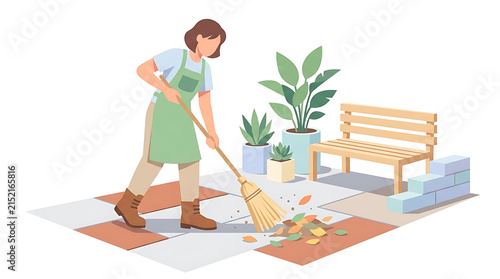 Woman Wearing an Apron Sweeping Fallen Autumn Leaves on a Tiled Backyard Patio with Potted Plants and a Wooden Bench