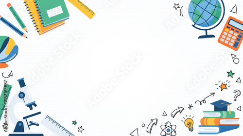 modern flat school supplies border banner with notebooks globe microscope and graduation cap on white background