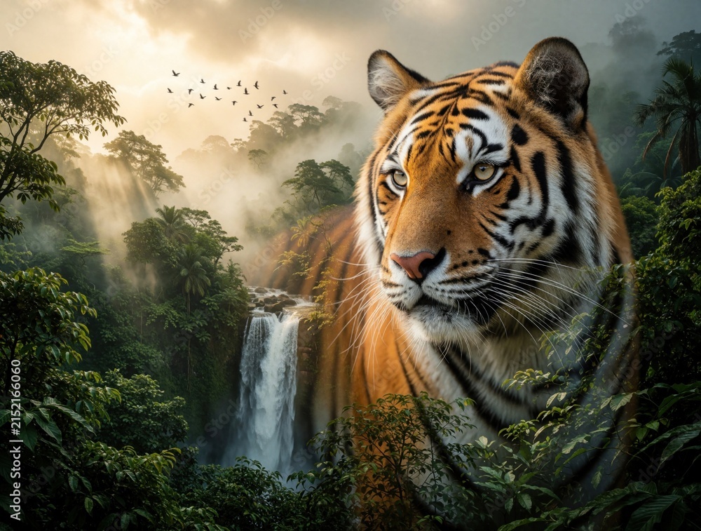 Obraz premium Majestic tiger gazes from rich jungle with waterfall background. Sunlight beams through mist illuminating trees and flying birds. Powerful predator in natural wild habitat.